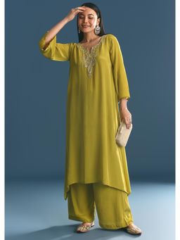 KALKI FASHION - Green Crepe Gold Zardosi Kurta with Pant