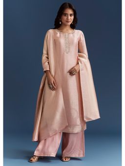 KALKI FASHION - Zardosi Neckline Peach Banarasi Tissue Kurta with Palazzo & Dupatta
