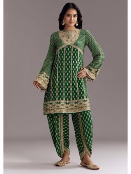 KALKI FASHION - Keyhole Neck Parrot Green Printed Crepe Kurta with Dhoti Pant