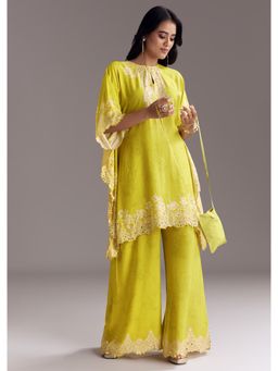 KALKI FASHION - Green Printed Mirror Work Kurta with Palazzo & Side Bag