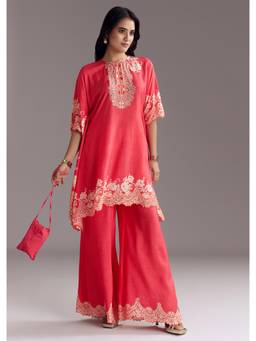 KALKI FASHION - Pink Printed Mirror Work Kurta with Palazzo & Side Bag