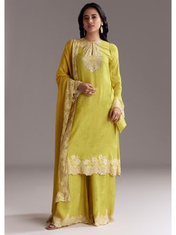 KALKI FASHION - Green Printed Mirror Work Kurta with Palazzo & Dupatta