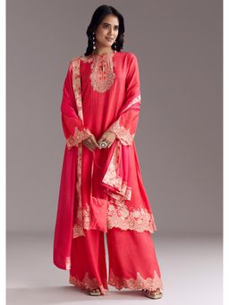KALKI FASHION - Pink Printed Mirror Work Kurta with Palazzo & Dupatta