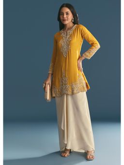 KALKI FASHION - Yellow Moti Embroidered Kurta with Off White Chinon Skirt
