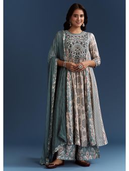 KALKI FASHION - Off White Muslin Print Detail Anarkali with Palazzo & Dupatta