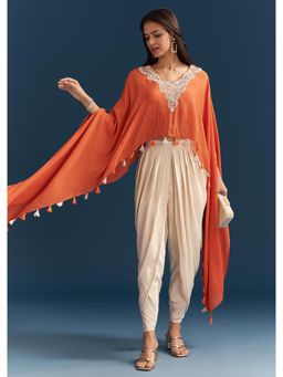 KALKI FASHION - Moti Cut Dana Embroidery Orange Cape Crop Top with Dhoti Pant
