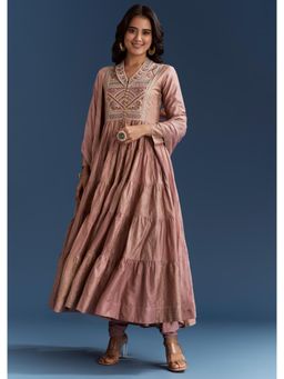 KALKI FASHION - Thread Work Pink Printed Chanderi Anarkali with Pant & Dupatta