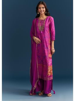 KALKI FASHION - Floral Print Embroidered Accents Purple Dola Silk Kurta with Palazzo & Dupatta