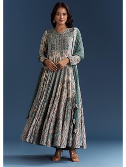 KALKI FASHION - Off White Printed Muslin Anarkali with Pant & Dupatta