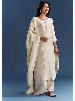 KALKI FASHION - Zardosi Neckline Cream Banarasi Tissue Kurta with Palazzo & Dupatta