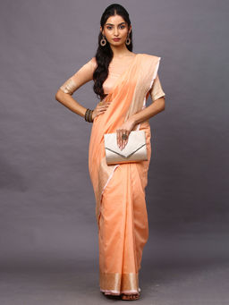 Akhilam - Women's Linen Blend Peach Woven Design Designer Saree with Unstitched Blouse