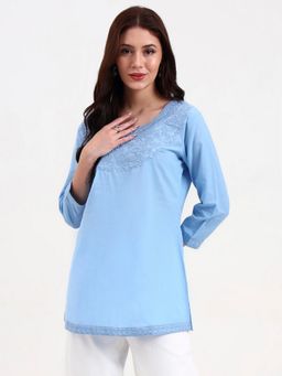 Yufta - Sky Blue Cotton Straight Tunic