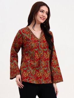 Yufta - Red & Green Cotton Straight Top