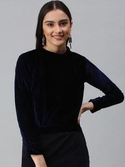 SHOWOFFFF - Women High Neck Full Sleeves Solid Navy Blue Top