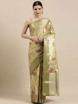 Banarasi Silk Works - Gold & Green Tissue Meena Jaal Border Saree with Unstitched Blouse