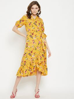 Uptownie - Women Crepe Printed Wrap Midi Dress - Yellow
