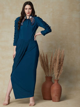 FASHOR - Solid Pleated Cowl Waist Teal Maxi Dress