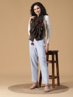 Shingora - Black Pure Wool Striped Tasseled Women Stole