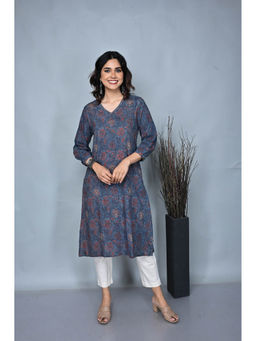 EARTHWEAR - Blue Handwoven V Neck Kantha Kurta