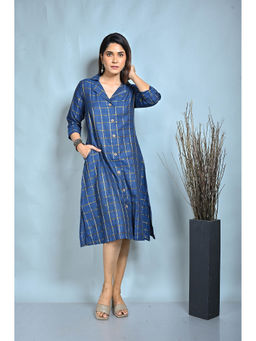 EARTHWEAR - Blue Zari A Line Dress With Lapel Collar