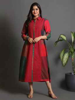 EARTHWEAR - Red Handwoven Long Gather Kantha Dress