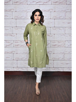 EARTHWEAR - Green Handwoven Shirt Collar Kantha Kurta