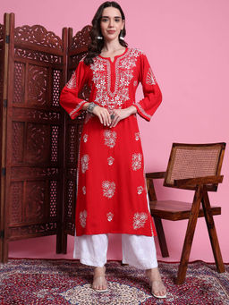 Sufiza Lifestyle - Women Red Color Chikankari Hand Crafted Kurta