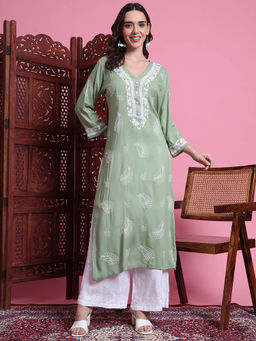 Sufiza Lifestyle - Women Hand Crafted Kurta Chikankari Pista Green Kurta