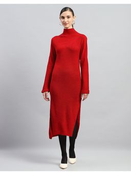 Monte Carlo - Womens Red Self Design Turtle Neck Full Sleeves Dress