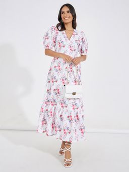 Styli - Women White Puff Sleeves Flroal Print Wrap Maxi Dress