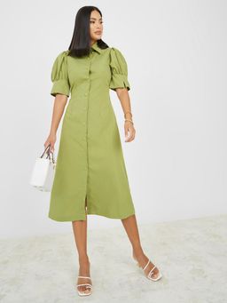 Styli - Women Green Puff Sleeves Shirt Midi Dress