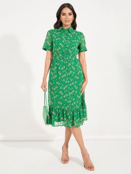 Styli - Women Green Floral Print Half Sleeves Shirt Midi Dress with Belt (Set of 2)
