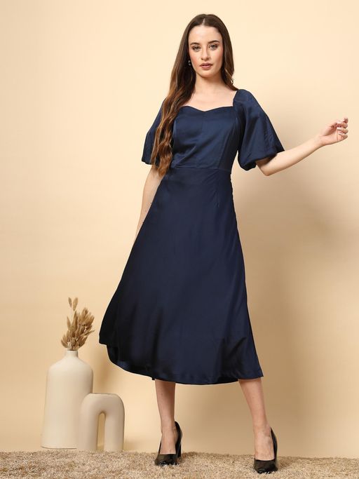 Buy Gipsy Solid Navy Blue Midi Dress with Puff Sleeves Design (S) Online
