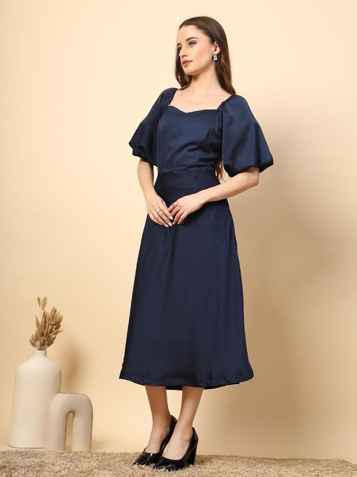 knee length dresses for ladies Morgane Puff Sleeve V-Neck Midi Dress Light Denim Blue– Selfie Leslie main image 0