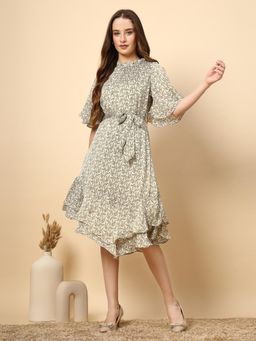Gipsy - Olive Printed Dress with Bottom Frill and Belt (Set of 2)
