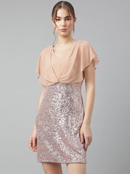 Latin Quarters - Women Beige Solid Half Sleeve V-Neck Party Mini Dress