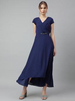 Latin Quarters - Women Blue Solid Half Sleeve V-Neck Casual Maxi Dress