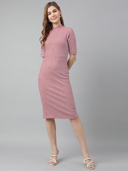 Latin Quarters - Women Mauve Textured Half Sleeve Mandarin Neck Casual Dress