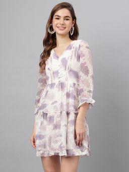 Latin Quarters - Women Ivory Printed Three Fourth Sleeve V-Neck Casual Dress
