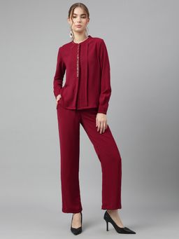 Latin Quarters - Women Maroon Solid Full Sleeve Mandarin Neck Casual Co-Ord (Set of 2)