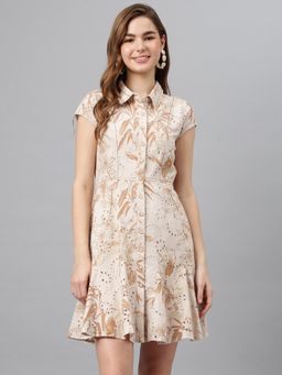 Latin Quarters - Women Beige Printed Half Sleeve Collared Casual Dress