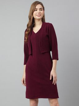 Latin Quarters - Women Maroon Solid Three Fourth Sleeve V-Neck Dress with Jacket (Set of 2)