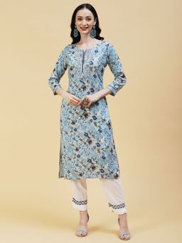 FASHOR - Floral Foil Printed Resham & Sequins Embroidered Kurta Sky Blue