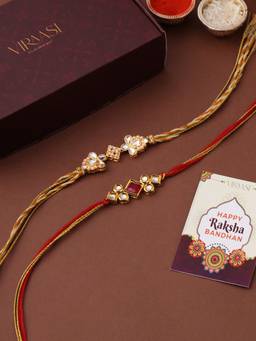 VIRAASI - Set Of 2 Kundan Rakhi For Brother With Roli Chawal