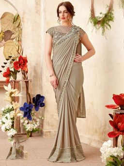 Odette - Beige Lycra Designer Saree with Unstitched Blouse