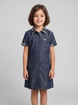 Creative Kids - Girls Denim Look Contrast Collar Shirt Dress