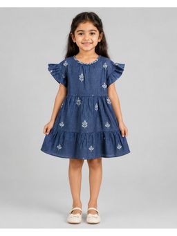 Creative Kids - Girls Blue Embroidered Ruffle Sleeve Dress