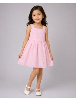 Creative Kids - Girls Pink Cotton Schiffli Sleeveless Dress