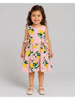 Creative Kids - Girls Pink Cotton Schiffli Lemon Print Tiered Bow Dress