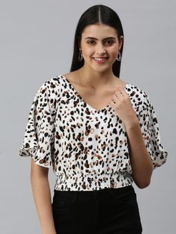 SHOWOFFFF - Women V-Neck Flare Sleeves Animal Print White Top